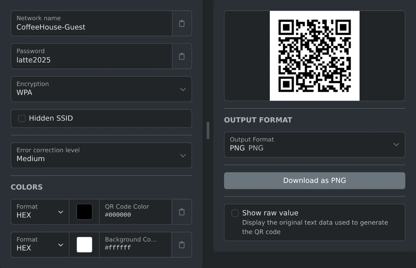 WiFi QR code generator with the network CoffeeHouse-Guest, the password latte2025 and WPA encryption, and the finished QR code on the right