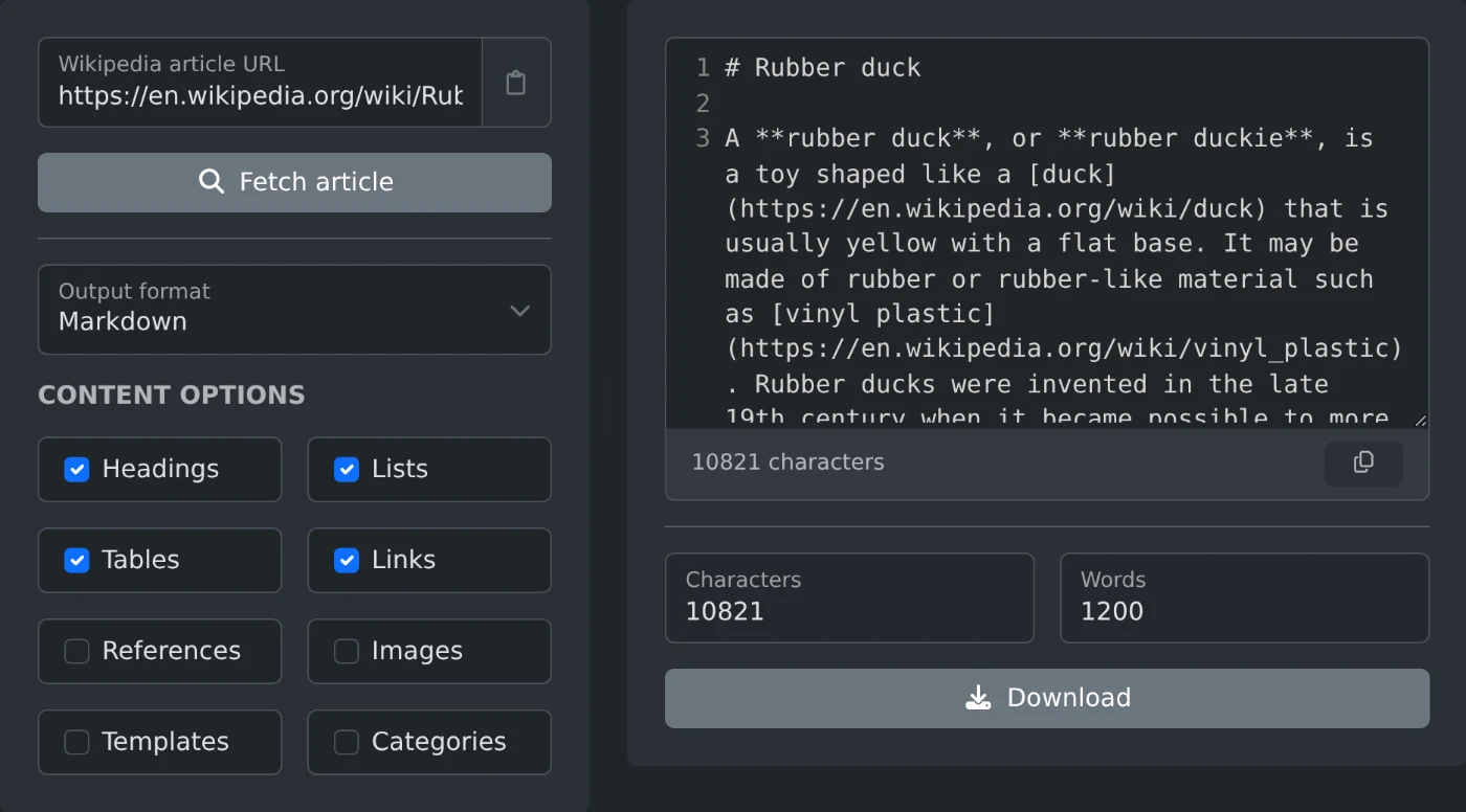 Wikipedia article extractor with the Rubber duck article fetched and shown as Markdown, with the character and word counts under the viewer